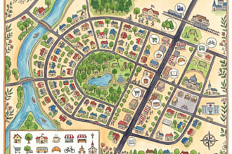 create custom illustrated neighborhood map, city guide and local attraction maps