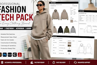 runway fashion show tech pack, streetwear, activewear and luxury garment design