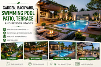 design your garden, backyard, swimming pool, patio, terrace, and 3d rendering