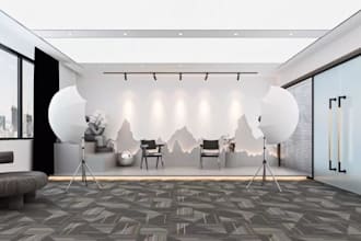 design a modern 3d podcast studio, media room, dual purpose studio space