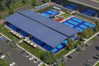 visualize modern sports complex, tennis court design, pickleball facility render