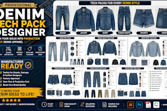 create denim tech pack for jeans jacket shirt shorts and cargo wear, cargo pants