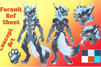draw fursuit reference sheet, character turnaround sheet and concept art