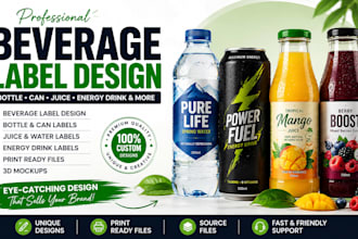 design beverage, bottle, can, juice, and energy drink label