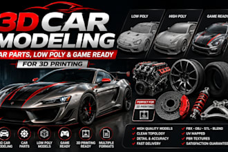 create 3d car modeling, car parts, low poly and game ready for 3d printing
