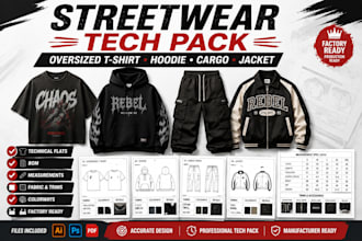 streetwear tech pack for oversized t shirt hoodie and jacket for manufacturing