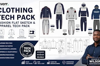 design clothing tech pack, fashion flat sketch and apparel tech pack