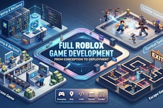 develop a full roblox game with scripting , combat, backend, tycoon, escape game