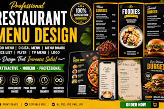 restaurant menu design, restaurant menu redesign, food menu, flyer design