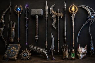 design cosplay 3d model weapon sword, gun shield and printable stl prop printing