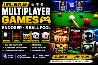 create 8 ball pool, snooker, slot, blackjack and card games