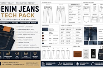 create factory ready denim jeans tech pack for clothing brands and manufacturers