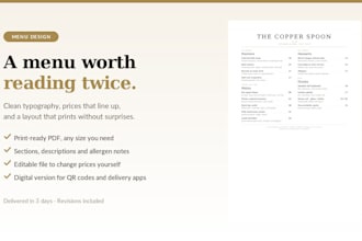design a clean and print ready menu for your restaurant or cafe