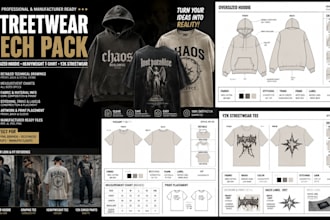 design streetwear tech pack for oversized hoodie, heavyweight t shirt and y2k