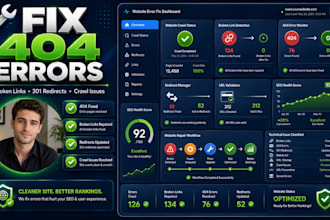 fix 404 errors, broken links, 301 redirects and website crawl issues