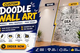 create custom doodle wall art, mural illustration and hand drawn wall graphics
