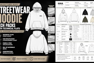 create streetwear hoodie tech packs with technical flats