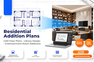 design a residential library and entertainment room addition floor plan in cad