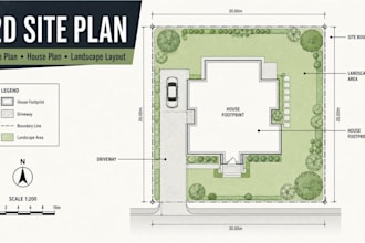 design a 2d site plan, house plan and exterior landscape layout design