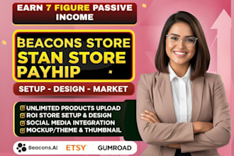 beacons store setup, beacons ai design, gumroad, payhip digital products upload