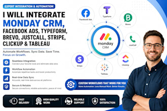 integrate monday crm facebook ads typeform brevo justcall stripe clickup tableau