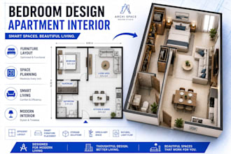 design bedroom and apartment interior with furniture layout and space planning
