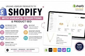 upload jewelry products to shopify with variants, collections and product SEO