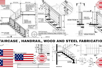 create detailed staircase and handrail shop drawing wooden, staircase or steel