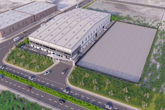model warehouse exterior 3d render,industrial factory building, landscape design