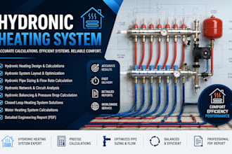 hydronic heating system with pipe sizing and flow calculation, hydronic network