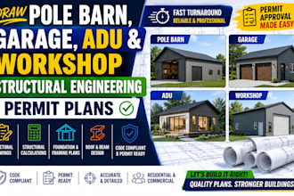draw pole barn, garage, adu and workshop structural engineering permit plans