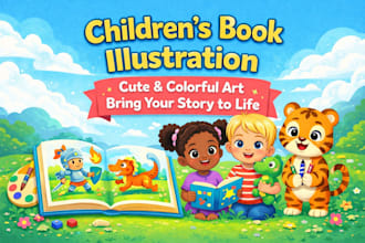 create cute children book illustration, storybook characters and kids book art