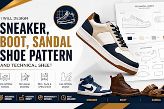 design sneaker, boot, sandal shoe pattern and technical sheet