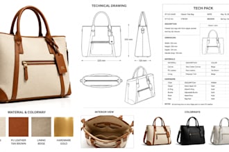 design any bag, handbag, tote bag, backpack, tech pack and technical drawing
