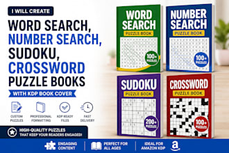 create word search, number search, sudoku, maze puzzle books with kdp book cover