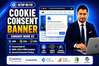 setup or fix cookie consent banner, cookie consent mode v2 with GTM, cookies,