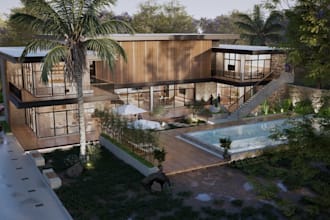 create realistic 3d tropical villa, bali resort, beach houses and mountain house