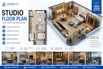 design studio and apartment floor plans with furniture and interior concepts