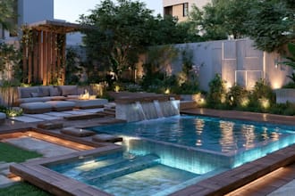 do landscape backyard design, outdoor 3d garden, pool, pati