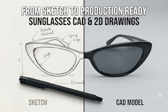 convert sunglasses sketches into 2d technical drawings and cad models