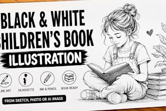 draw black and white childrens book illustrations and line arts
