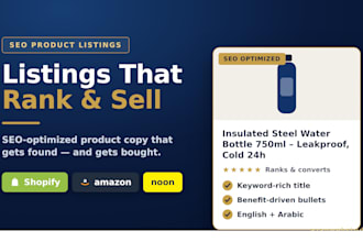 write SEO product descriptions and listings for shopify, amazon and noon