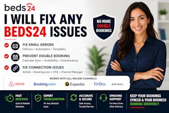 fix any beds24 issues, fix email errors, prevent double booking otas connecion