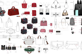 design a fashion handbag, backpack, duffle bag, wallet, and make a tech pack