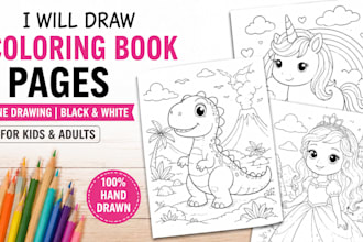 draw children coloring book pages black and white line illustrations