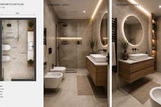 design a modern bathroom with 2d floor plan and realistic 3d render in 24