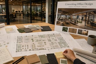 create coworking office floor plan, furniture layout and interior design