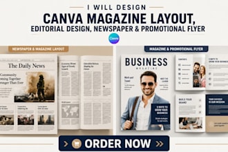 design canva magazine layout, editorial design, newspaper and promotional flyer
