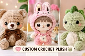 crochet custom plushie amigurumi teddy bear, doll, labubu inspired toy for gift