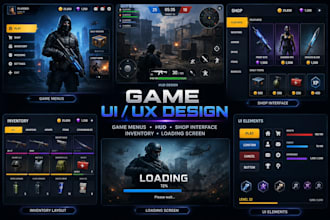 design game UI UX, game menus, hud, shop interface, inventory and loading screen